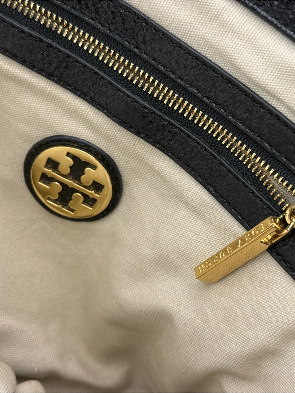 Tory Burch Black Leather Tote with Gray Trim and Logo